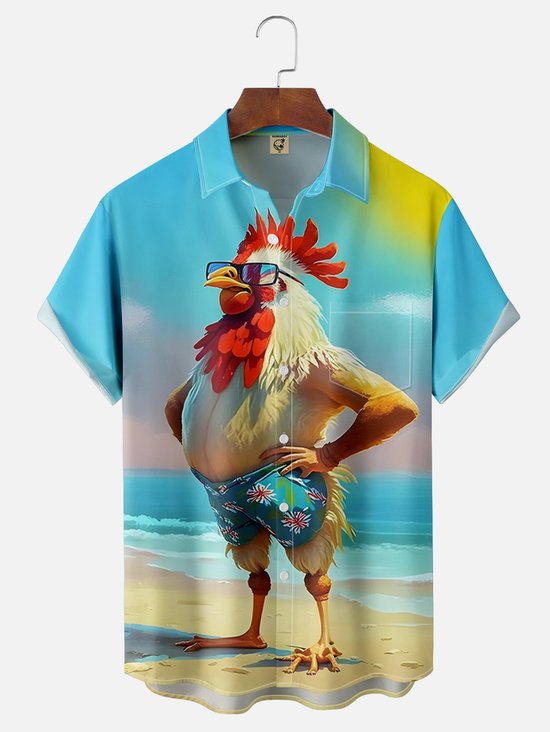 Tall Size Moisture-wicking Beach Fun Chicken Chest Pocket Hawaiian Shirt