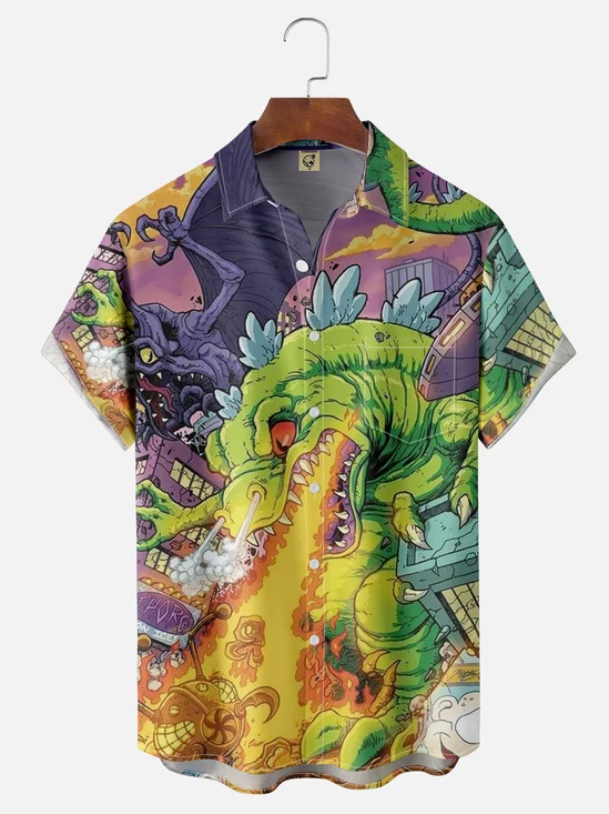 Moisture-wicking Monsters Attack City Chest Pocket Hawaiian Shirt