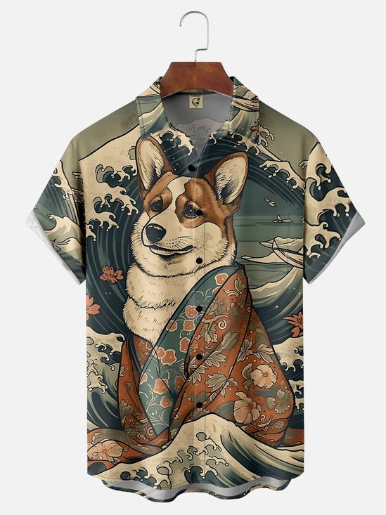 Moisture-wicking Ukiyo-e Dog Hawaiian Shirt