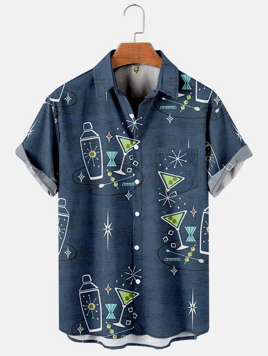 Tall Size Moisture-wicking Geomatric Chest Pocket Hawaiian Shirt