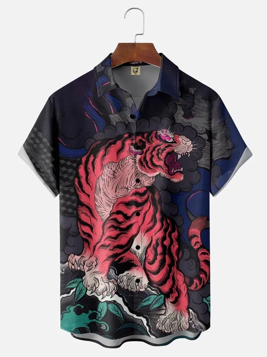 Moisture-wicking Tiger Mountain Art Chest Pocket Hawaiian Shirt