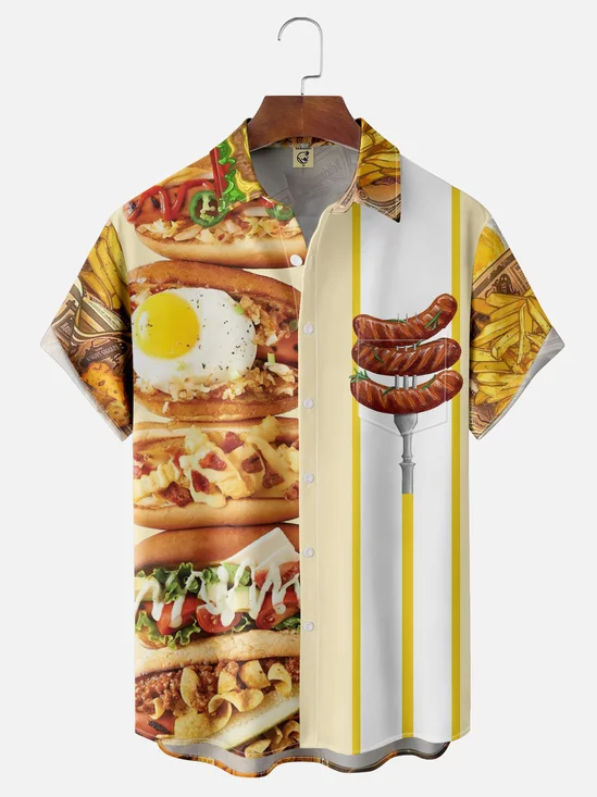 Moisture-wicking Classic Hot Dog Drawing Chest Pocket Bowling Shirt
