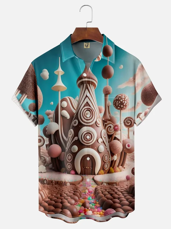 Moisture-wicking Chocolate Castle Chest Pocket Hawaiian Shirt