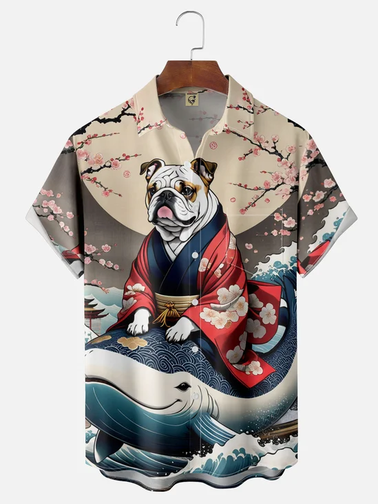 Moisture-wicking Ukiyoe Dog Surfing Chest Pocket Hawaiian Shirt