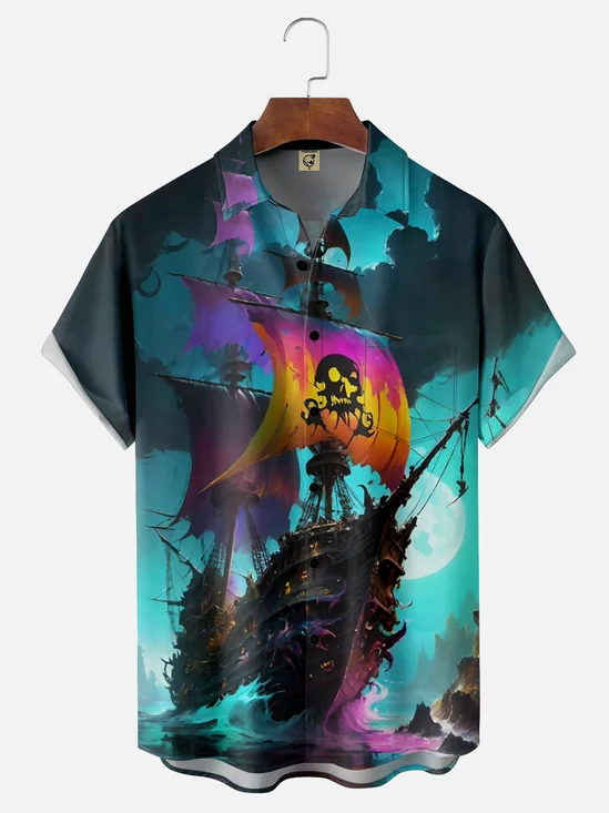 Moisture-wicking Pirate Ship Fantasy Painting Chest Pocket Hawaiian Shirt