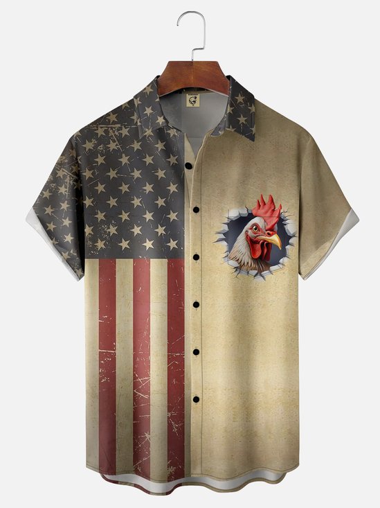 Moisture-wicking American Flag Chicken Chest Pocket Hawaiian Shirt