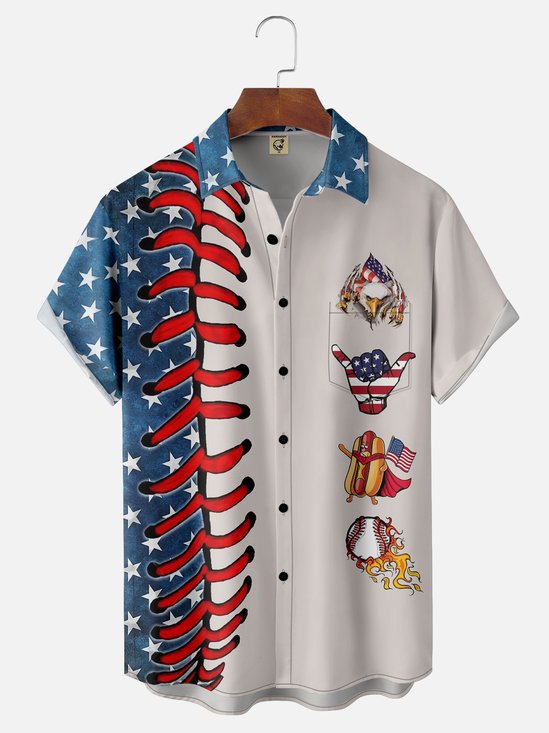 Moisture-wicking American Flag Eagle Hamburger Chest Pocket Hawaiian Shirt