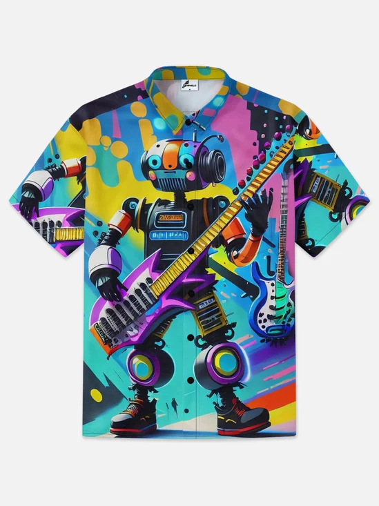 Moisture-wicking Music Robot Guitar Player Chest Pocket Hawaiian Shirt