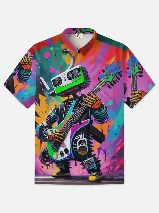 Moisture-wicking Music Robot Guitar Chest Pocket Hawaiian Shirt