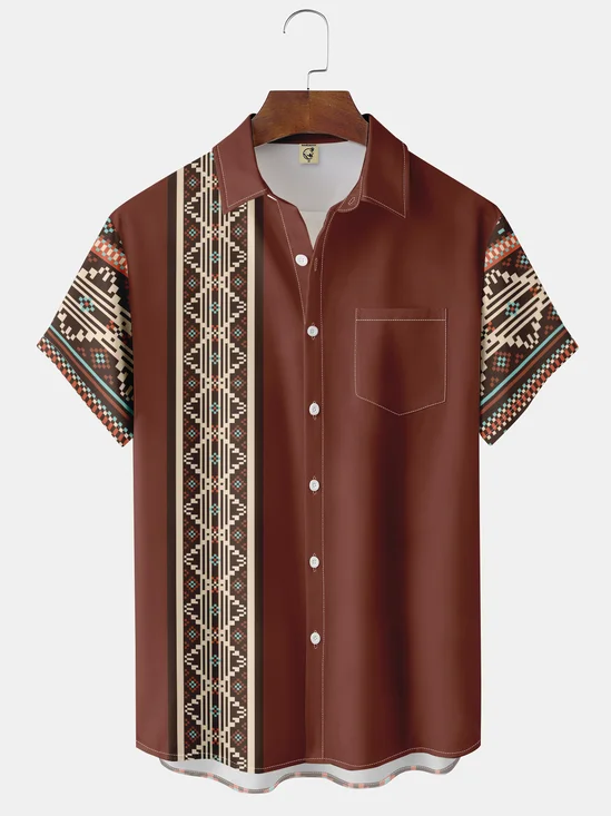 Moisture-wicking Western Ethnic Chest Pocket Bowling Shirt