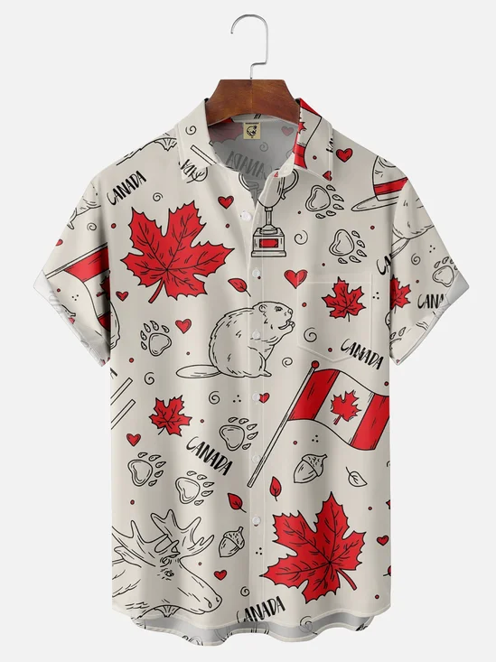 Moisture-wicking Canada Day Maple Leaf Squirrel Elk Chest Pocket Hawaiian Shirt
