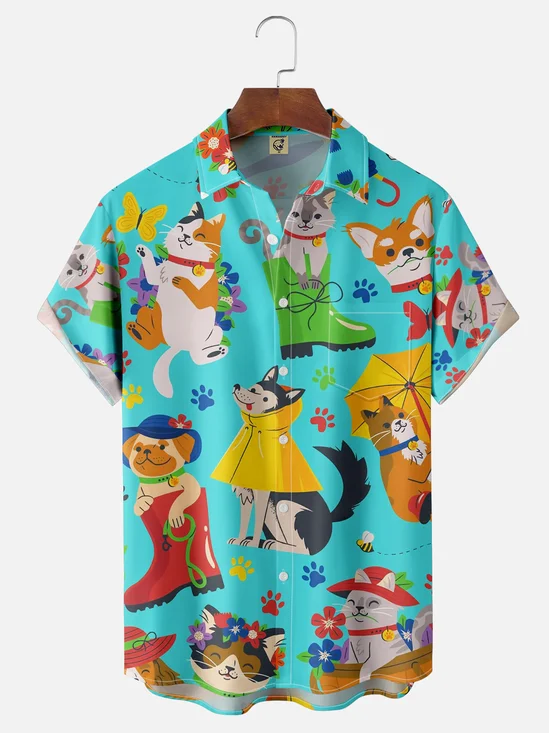 Moisture-wicking Breathable Cartoon Cats Dogs Chest Pocket Hawaiian Shirt