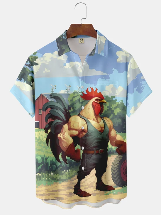 Moisture-wicking Breathable Rooster Chest Pocket Hawaiian Shirt