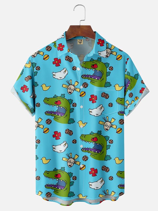 Moisture-wicking Cartoon Dinosaur Chest Pocket Hawaiian Shirt