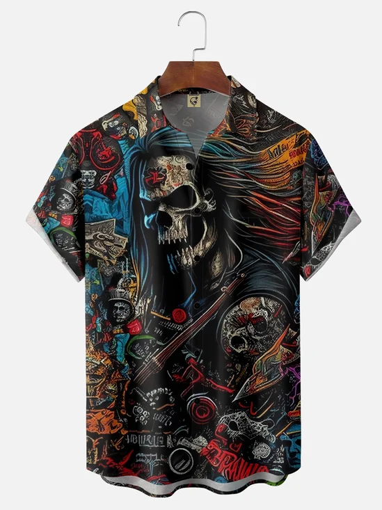 Moisture-wicking Abstract Skeleton Music Chest Pocket Hawaiian Shirt