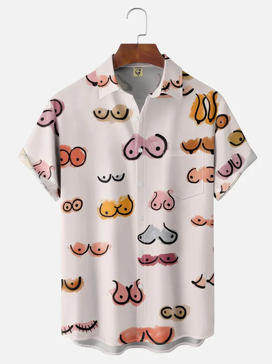 Moisture-Wicking Smple Line Drawing Chest Pocket Hawaiian Shirt