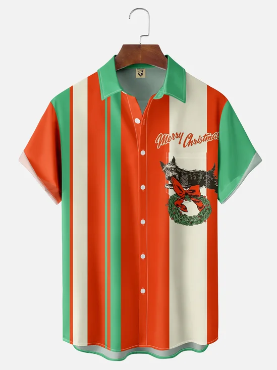 Moisture-wicking Christmas Puppy Chest Pocket Bowling Shirt