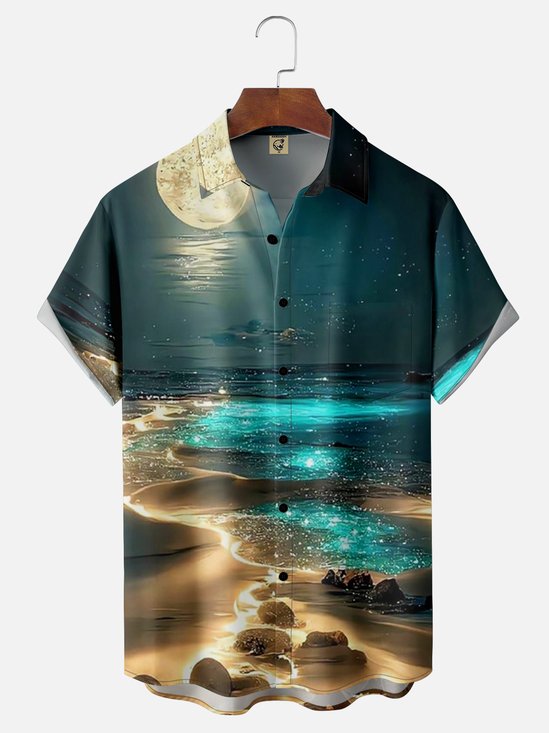 Moisture-wicking Art Moon Beach Chest Pocket Hawaiian Shirt