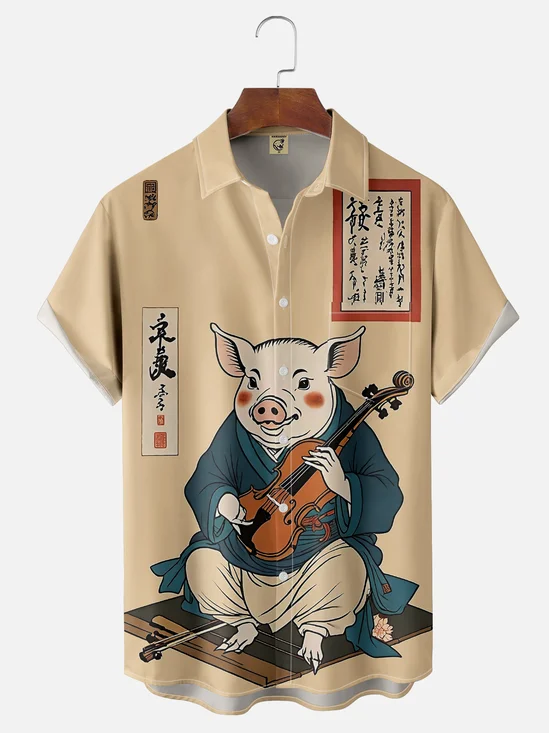 Moisture Wicking Japanese Culture Pig Short Sleeve Aloha Shirt
