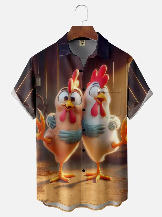Moisture-Wicking Gradient Color Fun Chicken Chest Pocket Hawaiian Shirt