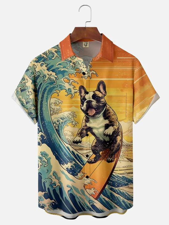 Moisture-wicking Ukiyoe Surf Dog Chest Pocket Hawaiian Shirt