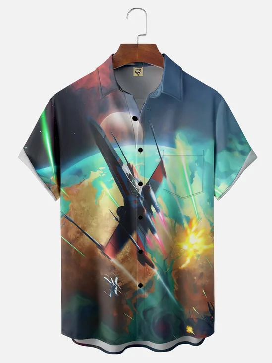Moisture-wicking Abstract Gradient Universe Fighter Chest Pocket Hawaiian Shirt