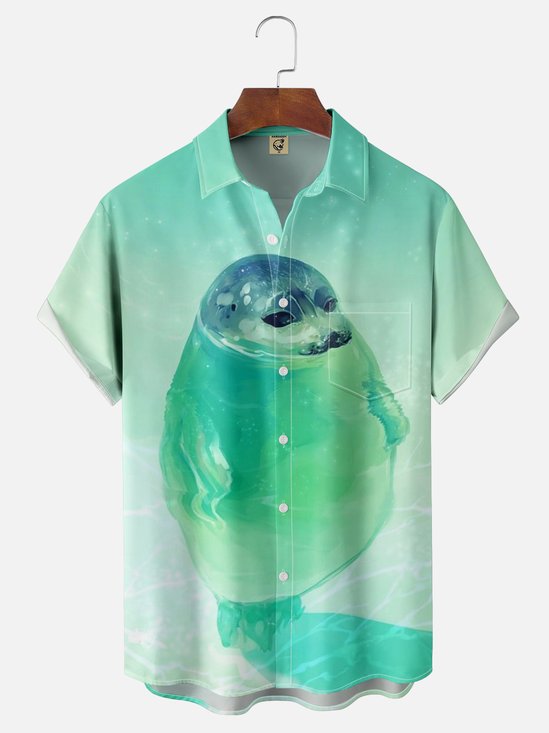 Moisture-wicking Water Seal Art Illustration Chest Pocket Hawaiian Shirt