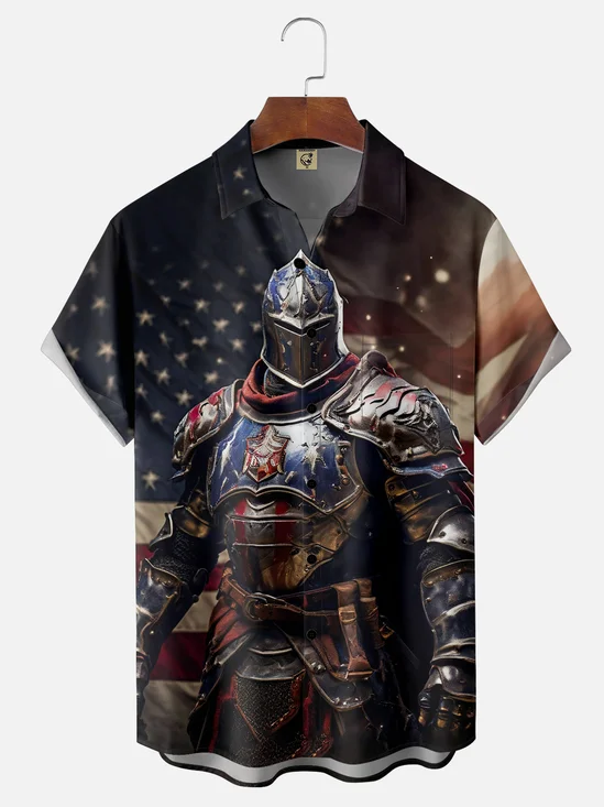 Moisture-wicking American Flag Knight Chest Pocket Hawaiian Shirt