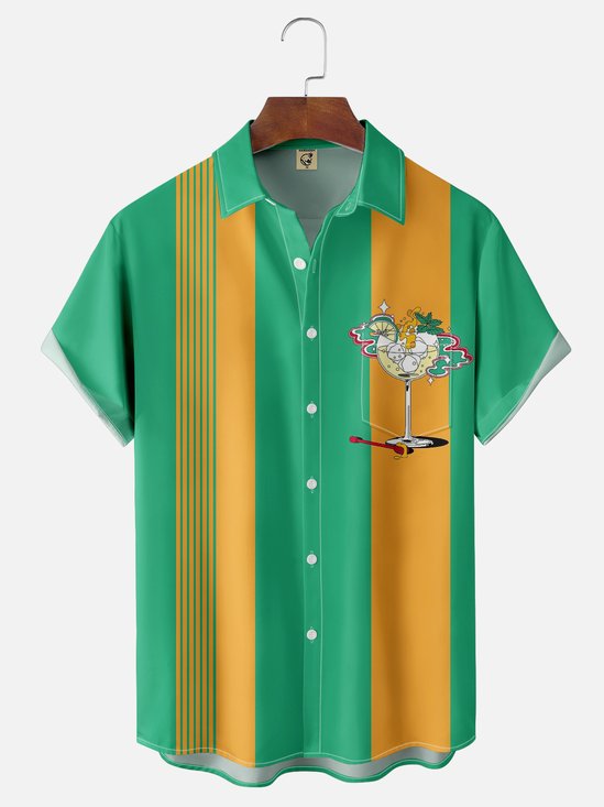 Moisture-wicking Cocktail Art Painting Chest Pocket Bowling Shirt