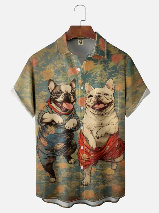 Moisture-wicking Dancing Dog Chest Pocket Hawaiian Shirt