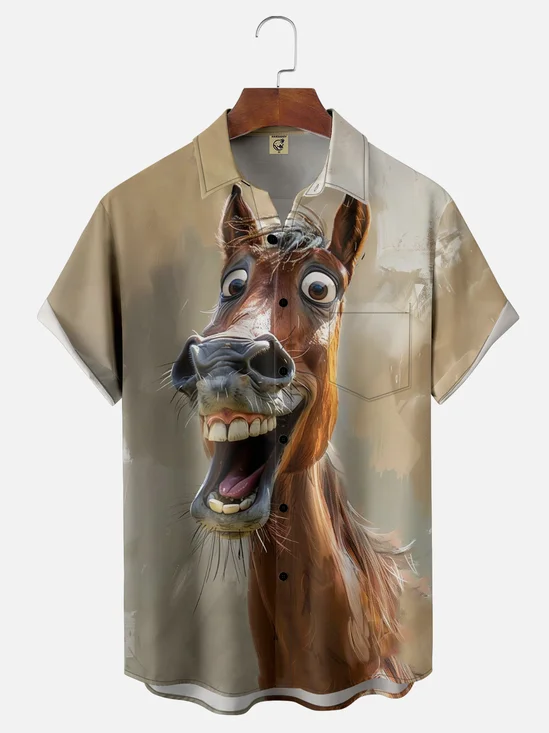 Moisture-wicking Donkey Art Illustration Chest Pocket Hawaiian Shirt