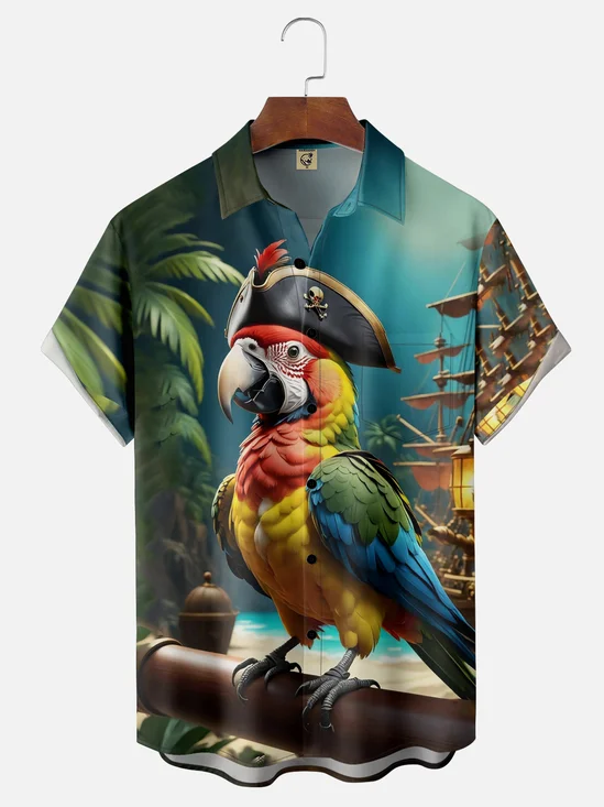 Moisture-wicking Gradient Pirate Parrot Chest Pocket Hawaiian Shirt