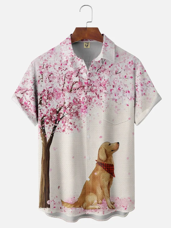 Moisture Wicking Cherry Blossom Tree Golden Retriever Hawaiian Shirt