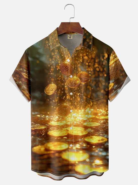 Moisture-wicking Gold Coin Rain Chest Pocket Hawaiian Shirt