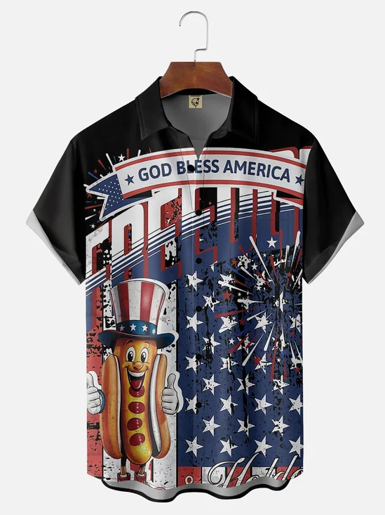 Moisture-wicking Hot Dog Burger American Flag Chest Pocket Hawaiian Shirt
