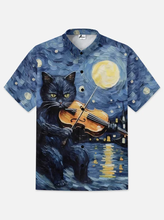 Moisture-wicking Cat Music Chest Pocket Hawaiian Shirt