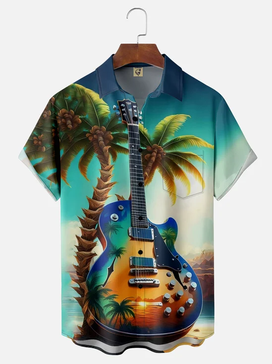 Moisture-wicking Gradient Guitar Coconut Tree Chest Pocket Hawaiian Shirt