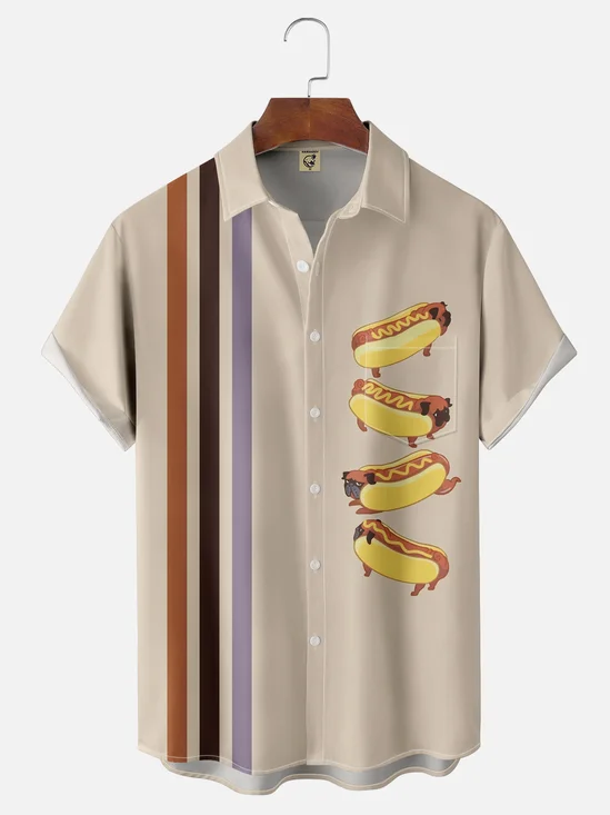 Moisture-wicking Fun Hot Dog Chest Pocket Bowling Shirt