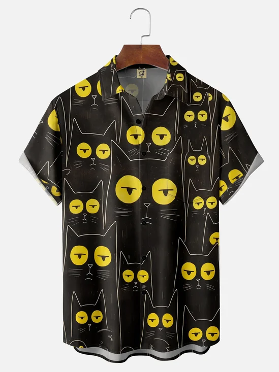 Moisture-wicking Black Cat Chest Pocket Hawaiian Shirt
