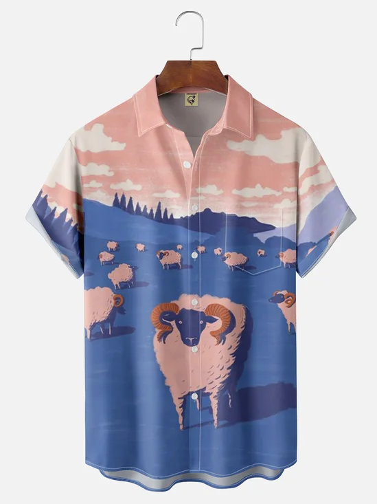Moisture-wicking Sheep on the Prairie Painting Chest Pocket Hawaiian Shirt