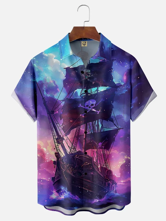 Moisture-wicking Art Pirate Ship Painting Chest Pocket Hawaiian Shirt