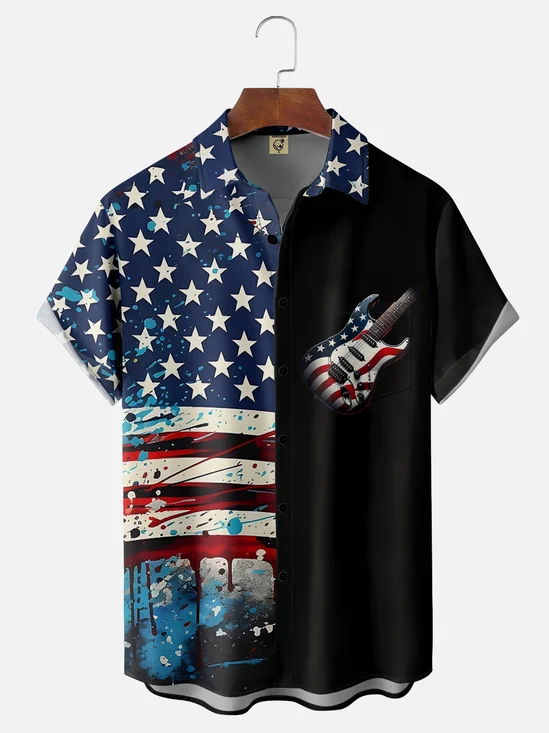 Moisture-wicking Abstract Gradient Guitar American Flag Chest Pocket Hawaiian Shirt
