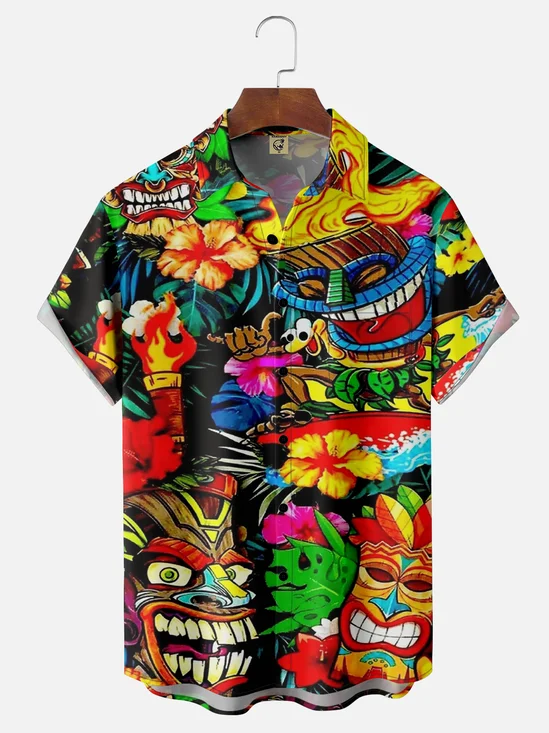 Moisture-wicking Art Tiki Painting Chest Pocket Hawaiian Shirt