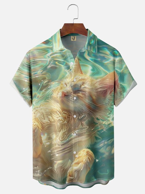 Moisture-wicking Water Cat Art Illustration Chest Pocket Hawaiian Shirt