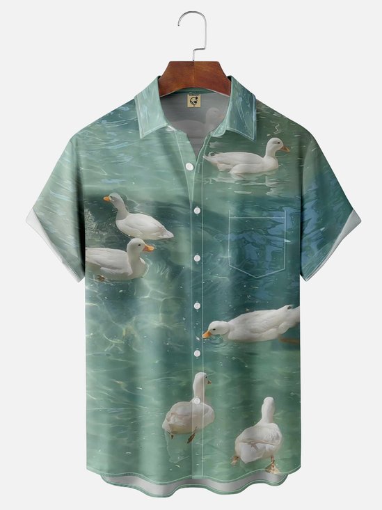 Moisture-wicking Water Shadow White Duck Chest Pocket Hawaiian Shirt