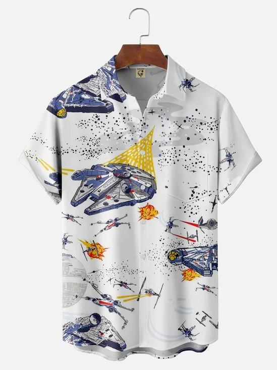Moisture-wicking Spaceship Illustration Chest Pocket Hawaiian Shirt