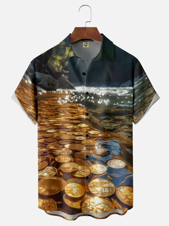 Moisture-wicking Gold Coins in the Stream Chest Pocket Hawaiian Shirt