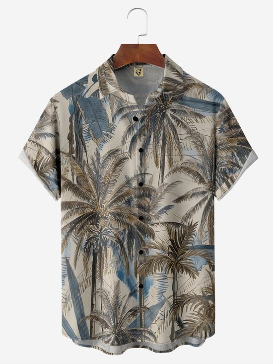 Tall Size Moisture-wicking Palm Tree Chest Pocket Hawaiian Shirt