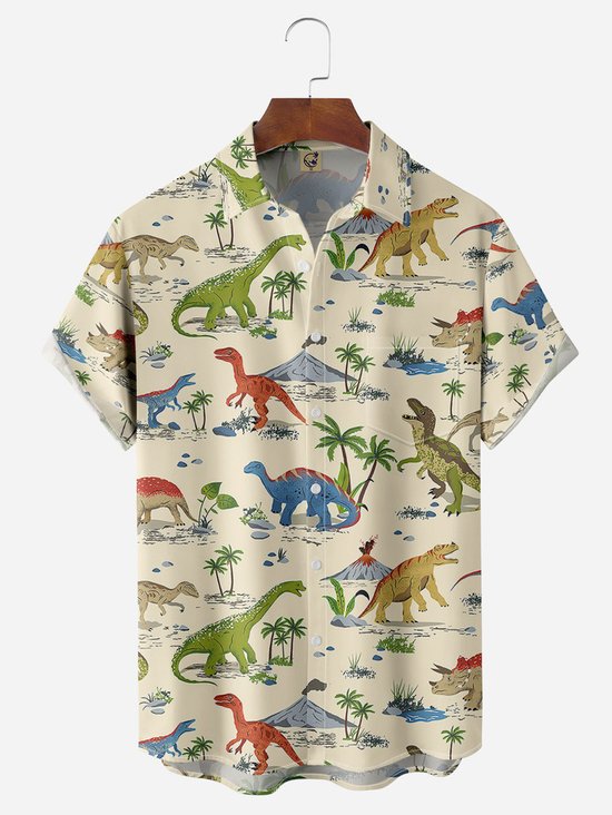 Tall Size Moisture-wicking  Dinosaur Chest Pocket Hawaiian Shirt
