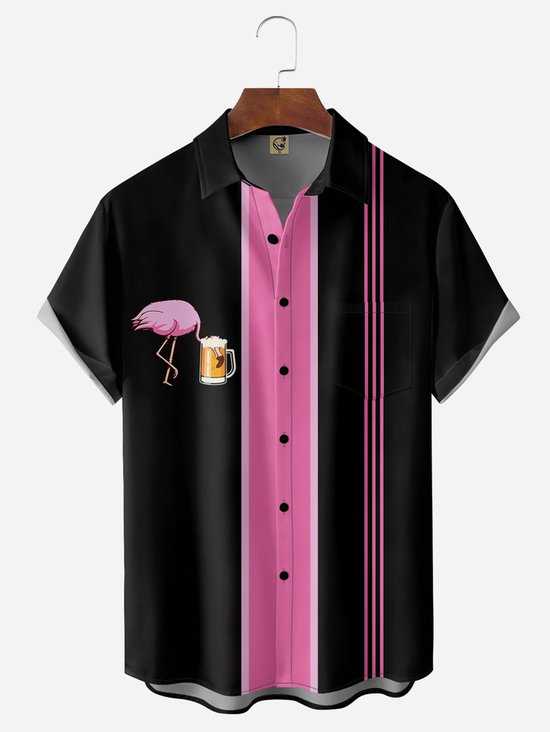 Tall Size Moisture-wicking Flamingo Chest Pocket Bowling Shirt